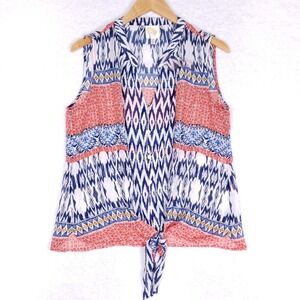 Fig and Flower Sleeveless Blouse Large Ikat Print Tie Front Boho Summer‎ Top